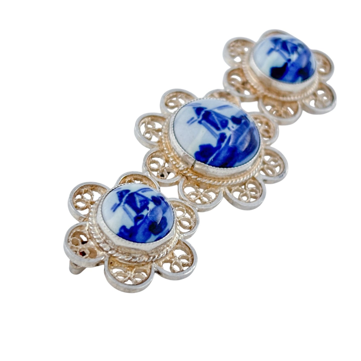 Vintage Sterling Silver 925 Delft 3 Panel Brooch