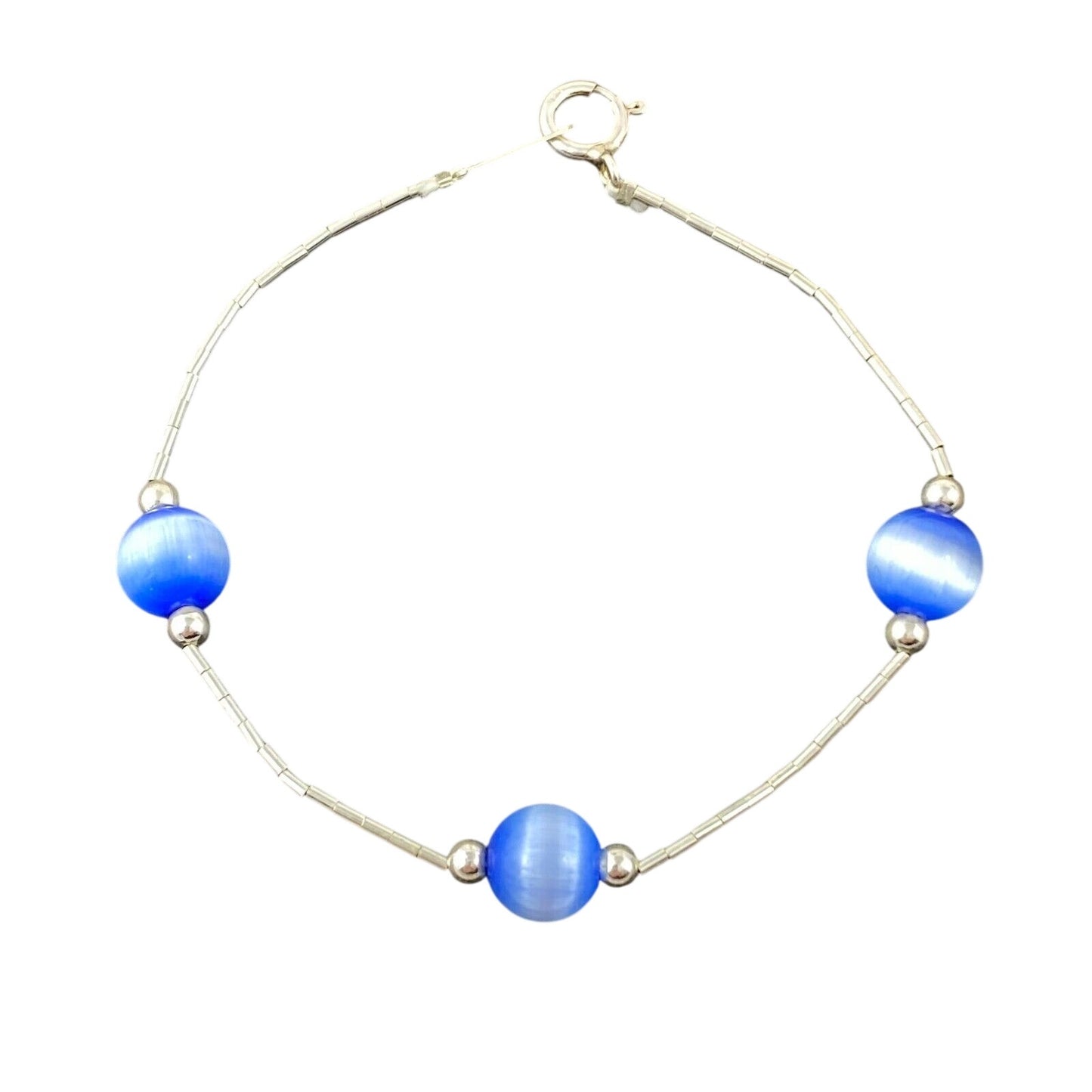 Vintage Sterling Silver 925 Blue Cat’s Eye Bracelet 7"