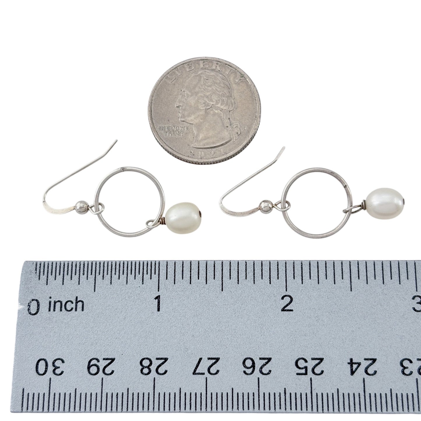 Vintage Sterling Silver 925 White Pearl Hoop Dangle Earrings