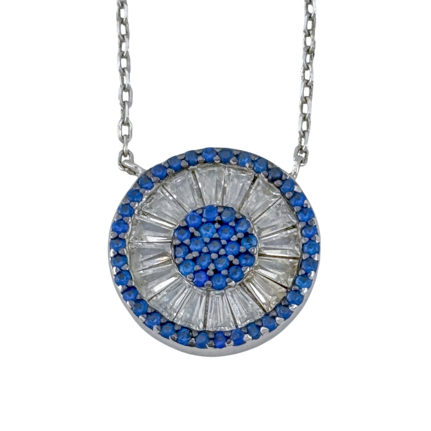 Vintage Sterling Silver Blue Cubic Zirconia Evil Eye Pendant Necklace 16"-18"
