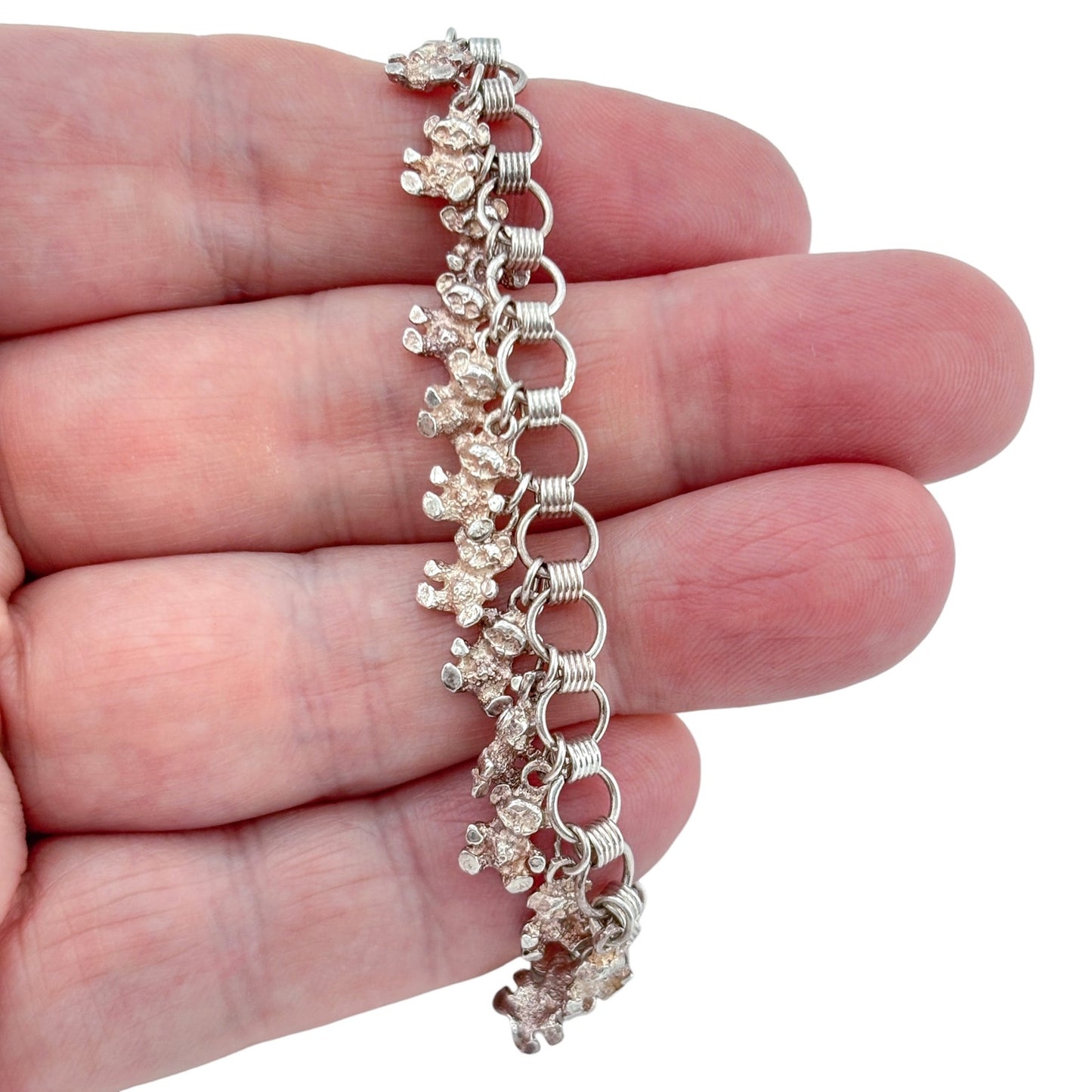 Vintage Sterling Silver 925 Teddy Bear Charm Bracelet 7"-7.5"