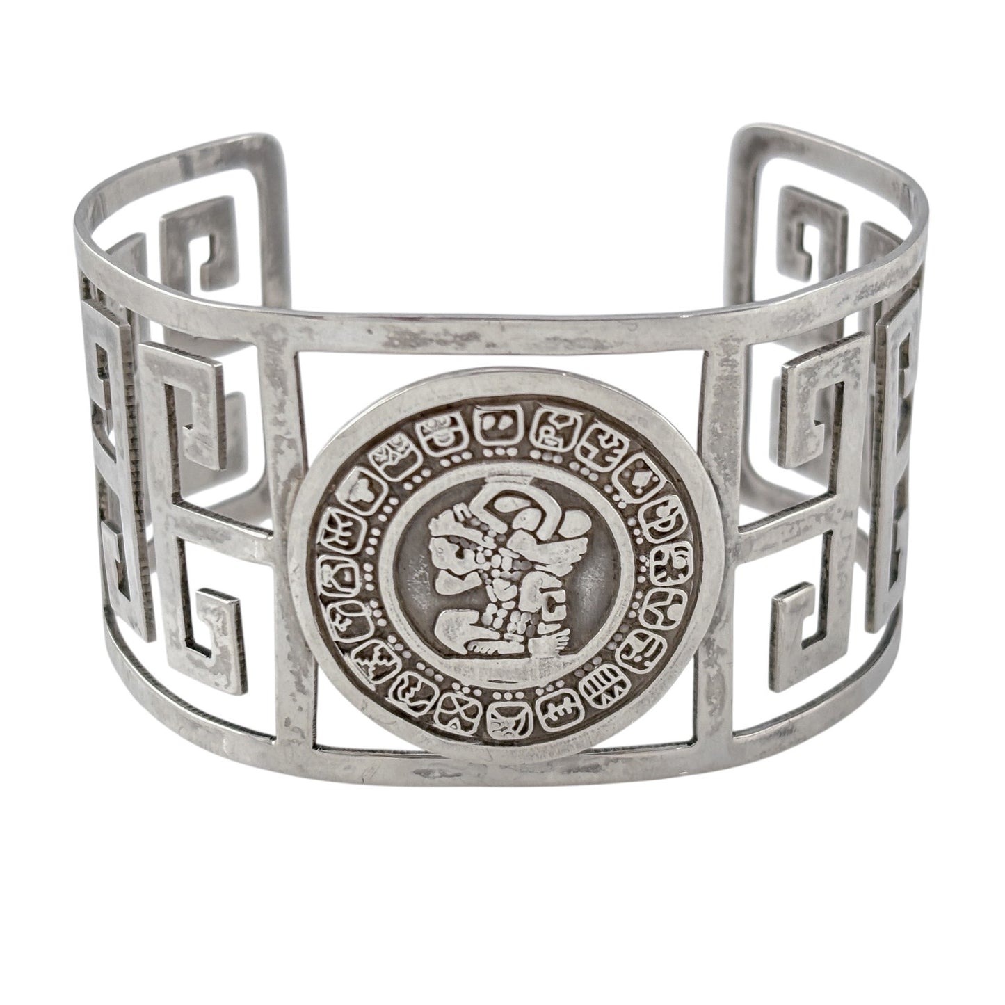 Vintage Mexico Sterling Silver 925 Aztec Mayan Medallion Cuff Bracelet 7.5"