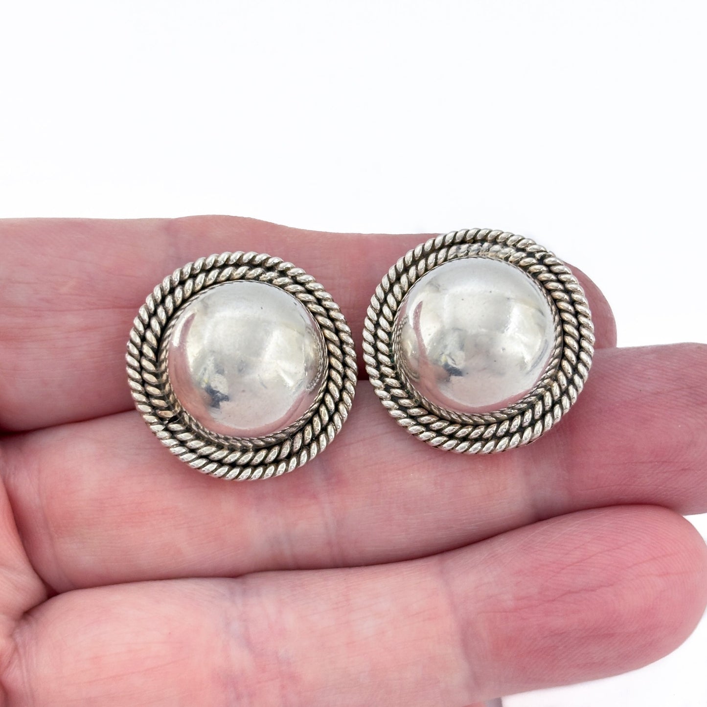 Vintage Sterling Silver 925 Domed Rope Clip On Earrings