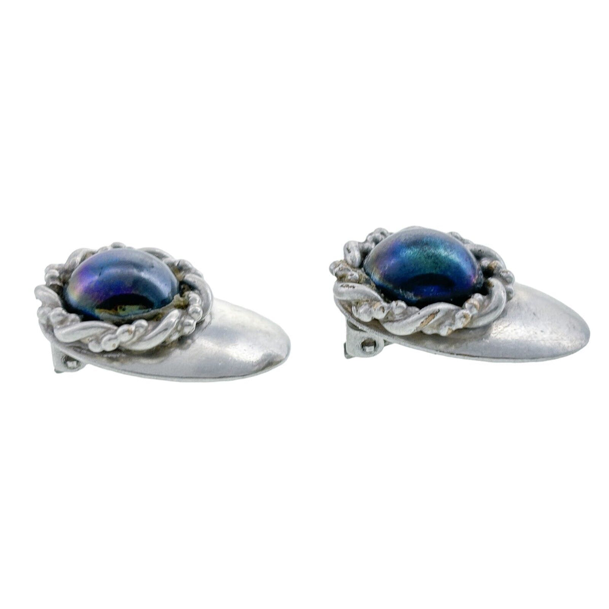 Vintage Silver-Plated Iridescent Glass Cabochon Clip-On Earrings