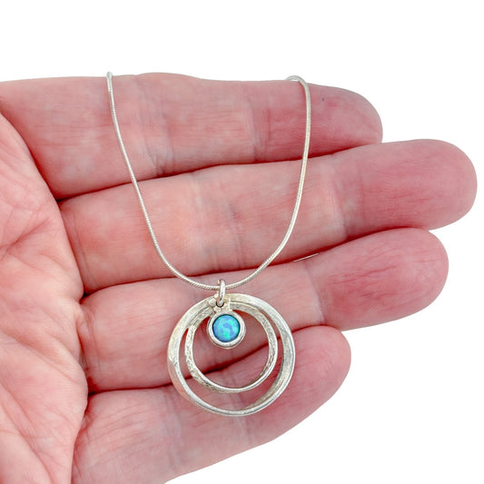Vintage Didae Sterling Silver 925 Double Circle Opal Pendant Necklace 18"