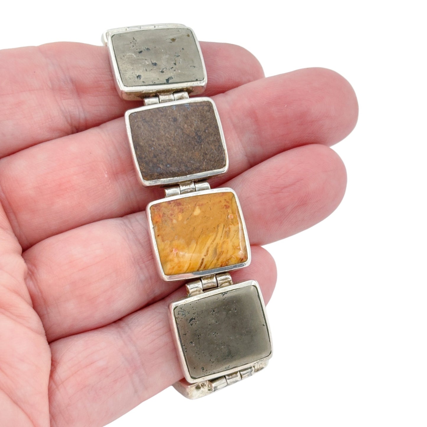 Vintage Sterling Silver 925 Pyrite Bronzite Jasper Link Bracelet 7.25"