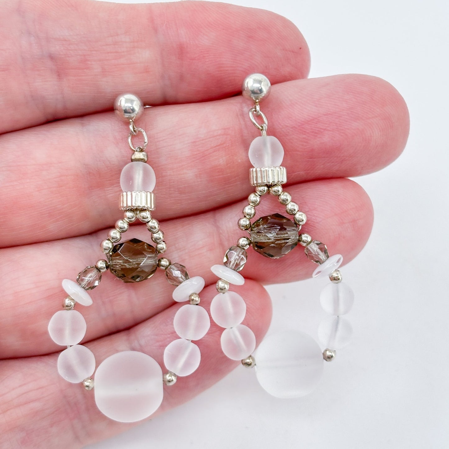 Estate Sterling Silver 925 Gray Crystal Bead Dangle Earrings