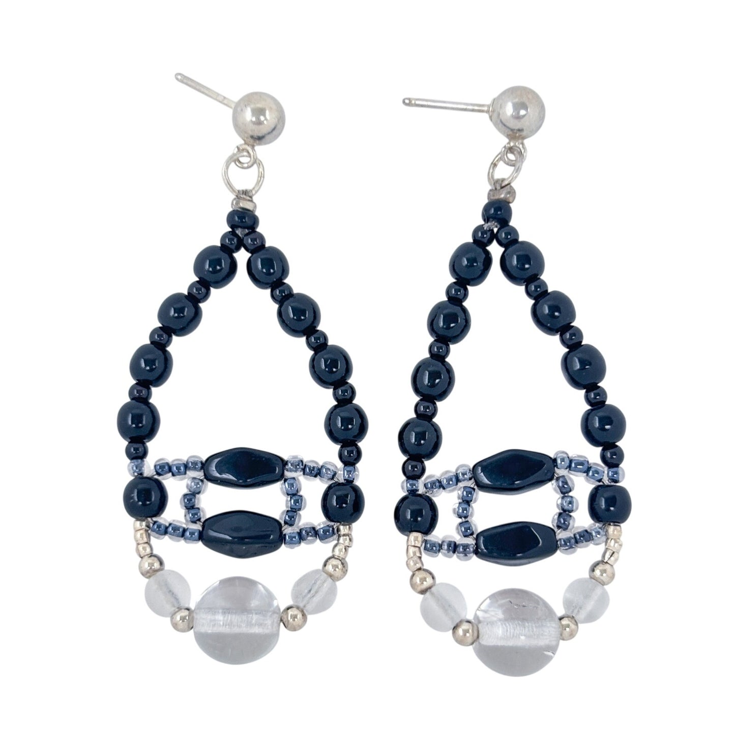 Vintage Sterling Silver 925 Black Bead Teardrop Chandelier Earrings