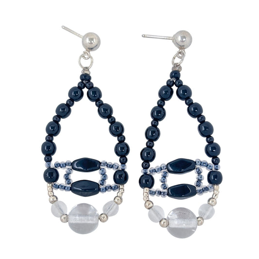 Vintage Sterling Silver 925 Black Bead Teardrop Chandelier Earrings