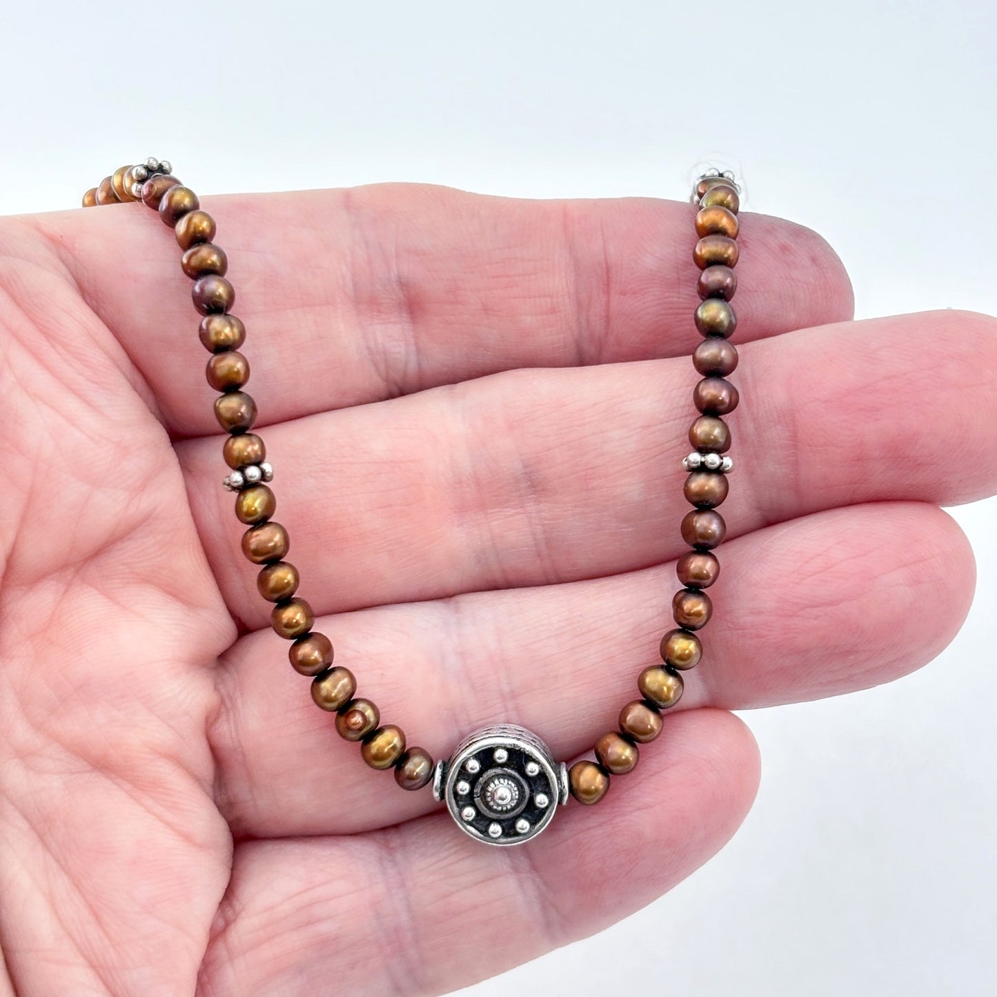 Vintage Sterling Silver 925 Brown Pearl Necklace 18"