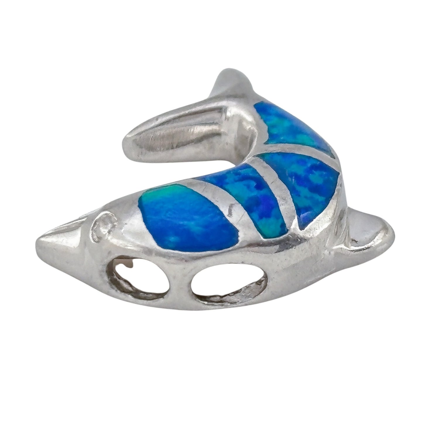 Vintage Sterling Silver 925 Blue Opal Inlay Dolphin Pendant