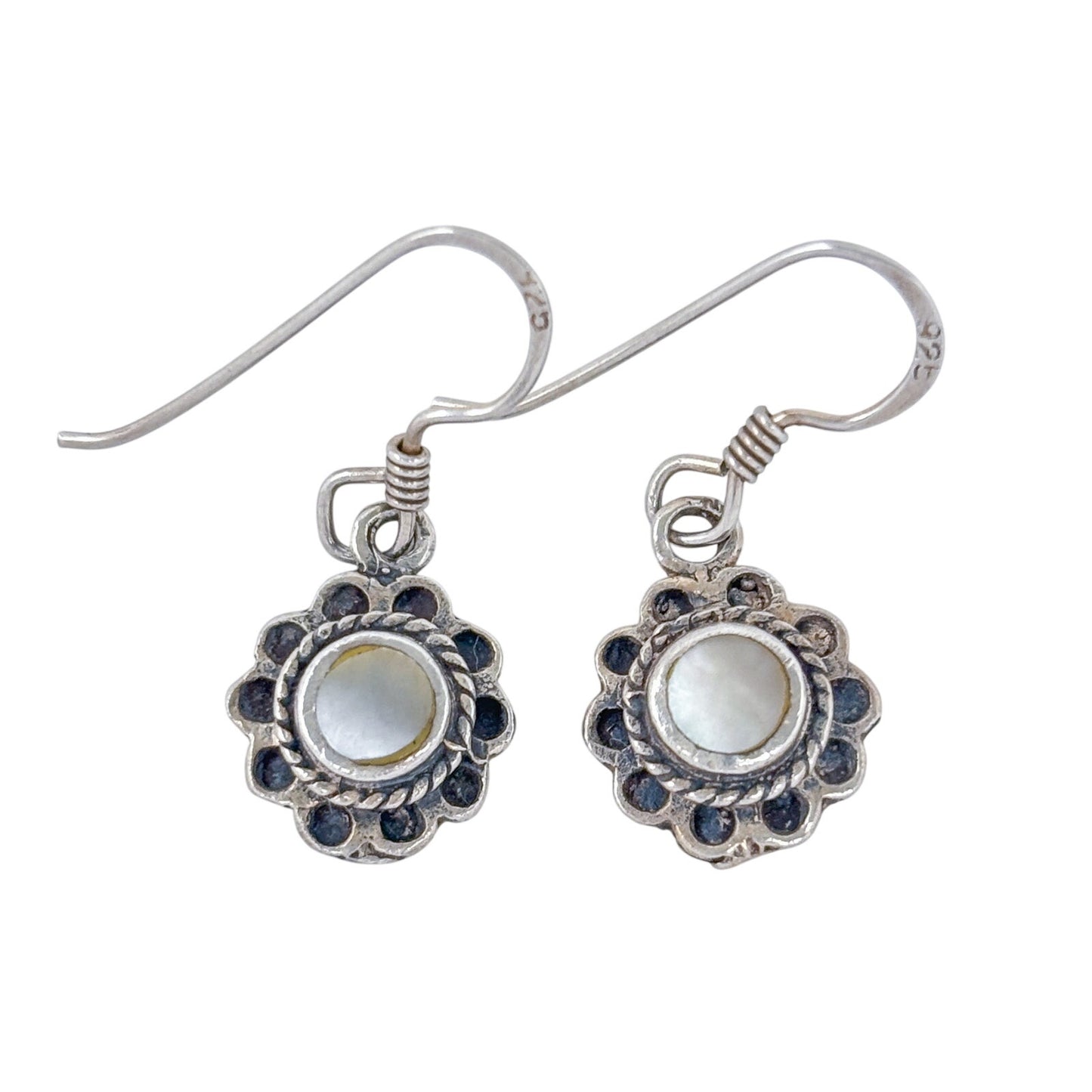 Vintage Sterling Silver 925 Mother of Pearl Flower Drop Earrings