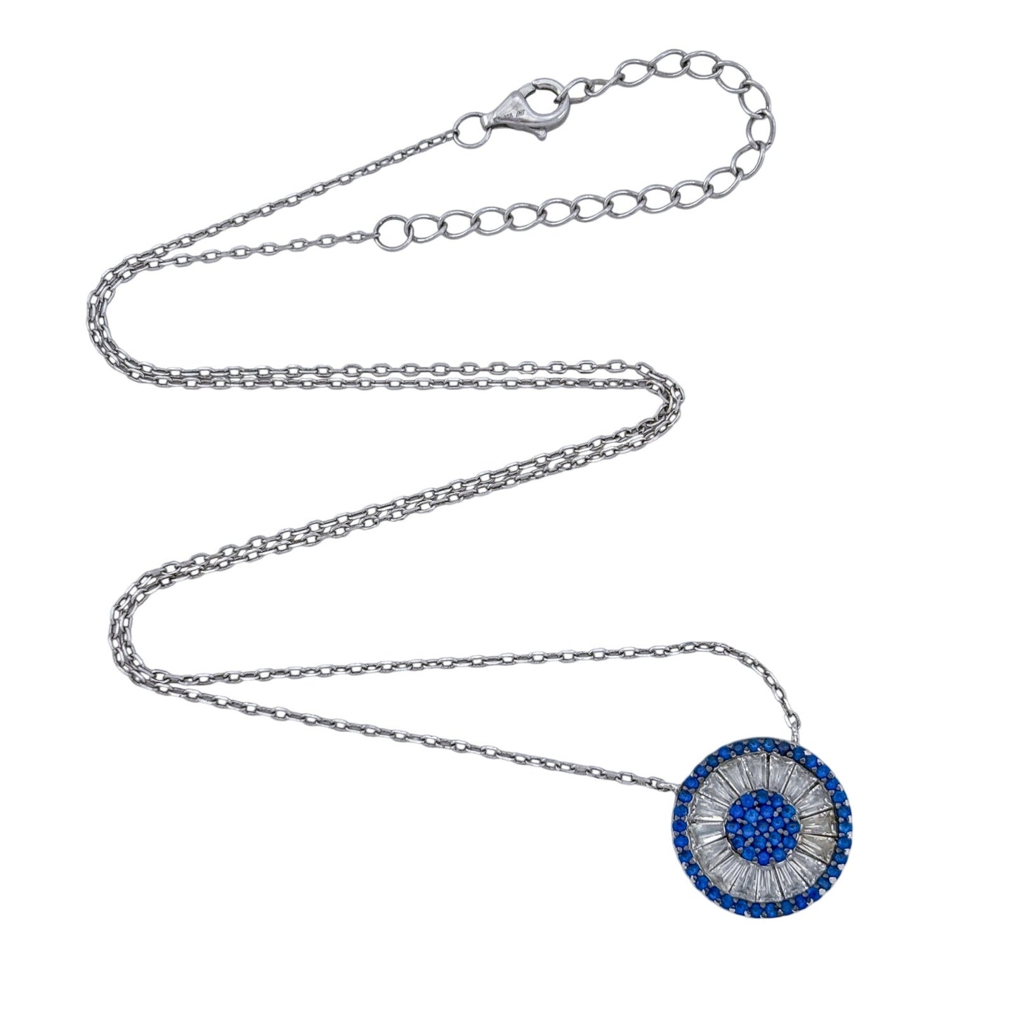 Vintage Sterling Silver Blue Cubic Zirconia Evil Eye Pendant Necklace 16"-18"