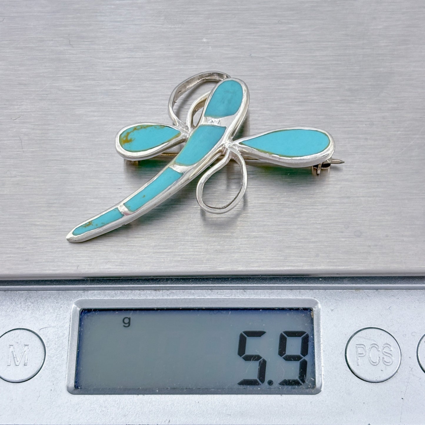 Vintage Sterling Silver 925 Magnesite Dragonfly Brooch Pendant