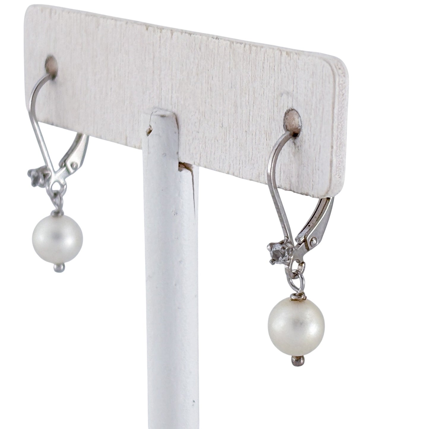 Vintage Sterling Silver 925 Pearl Diamond 0.06ctw Leverback Earrings