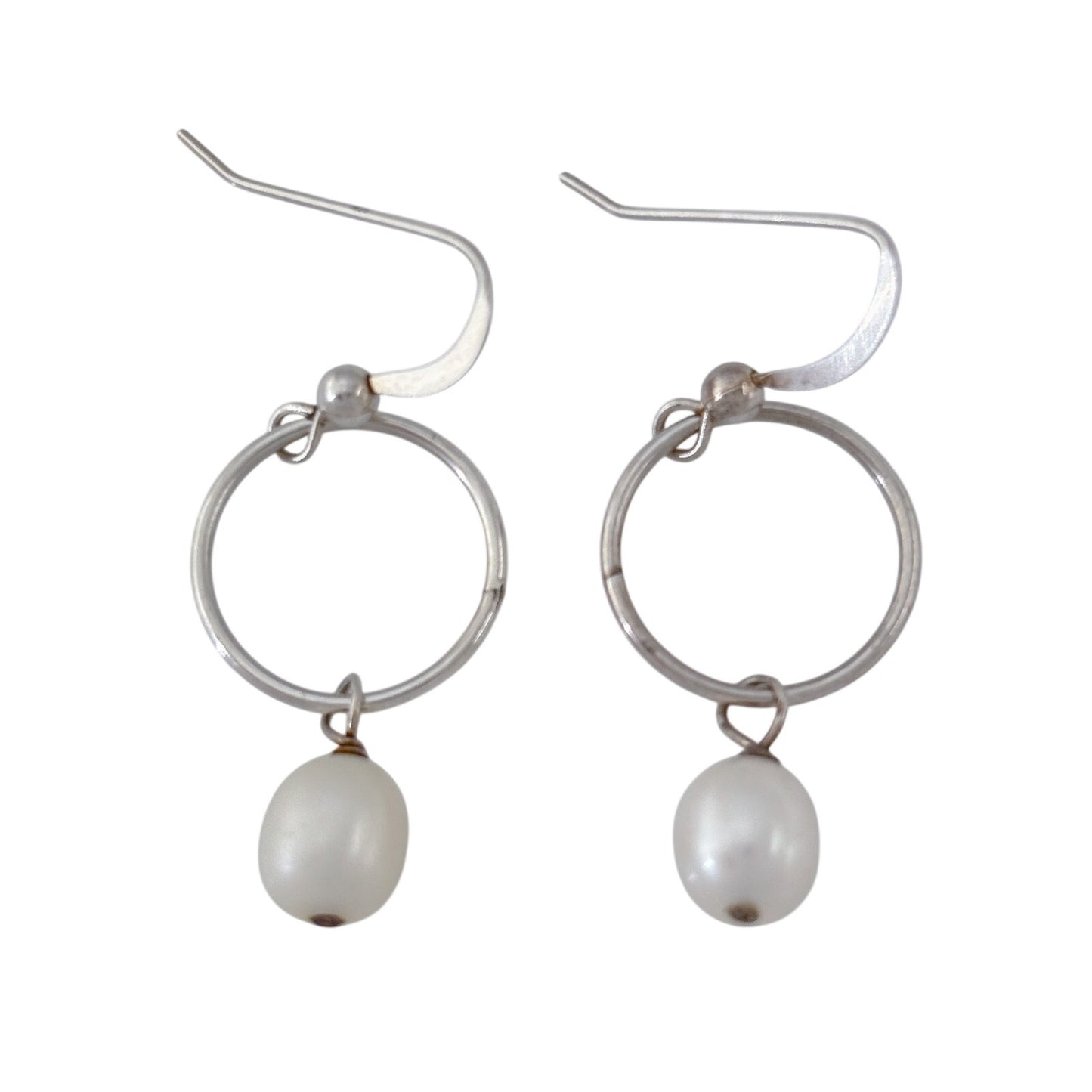 Vintage Sterling Silver 925 White Pearl Hoop Dangle Earrings