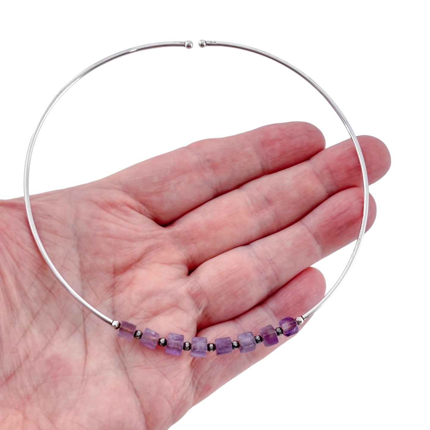 Vintage Sterling Silver Amethyst Bead Choker Necklace 15"