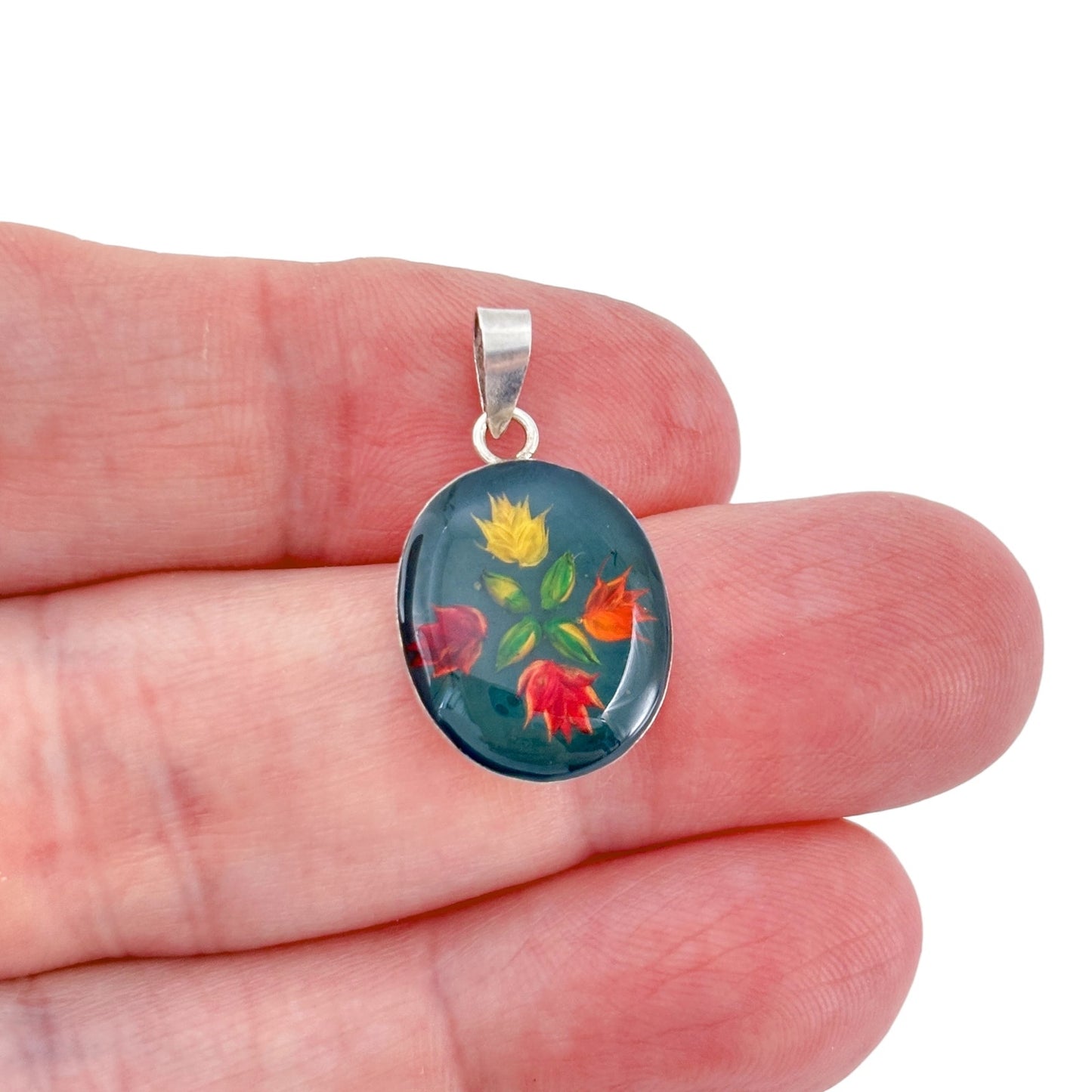 Vintage Sterling Silver 925 Hand Painted Flower Pendant