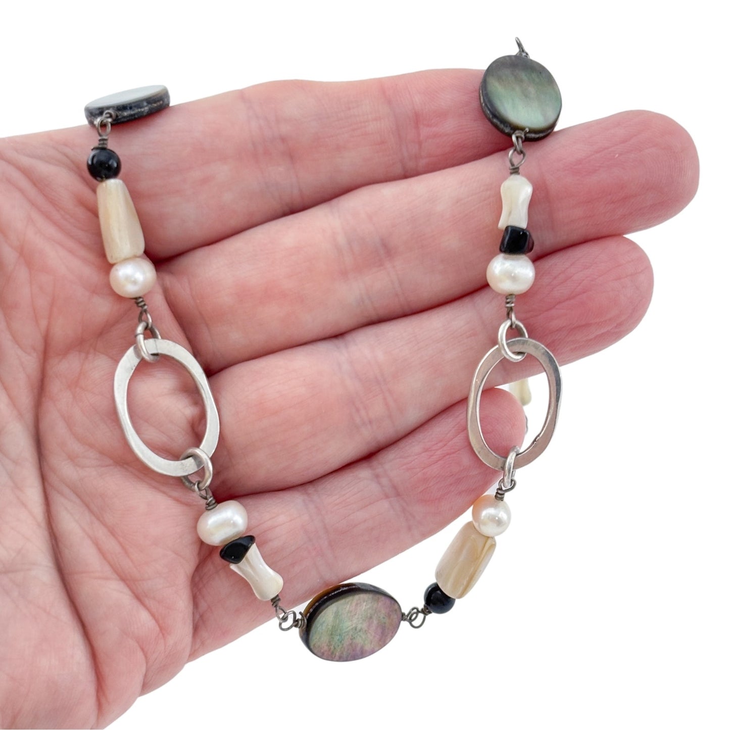 Vintage Sterling Silver 925 Abalone Pearl Onyx Necklace 17-19"
