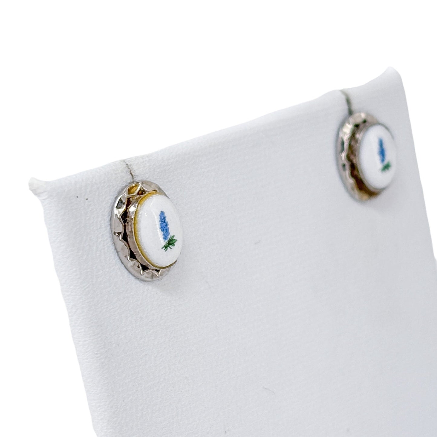 Vintage Sterling Silver 925 Blue Flower Porcelain Stud Earrings