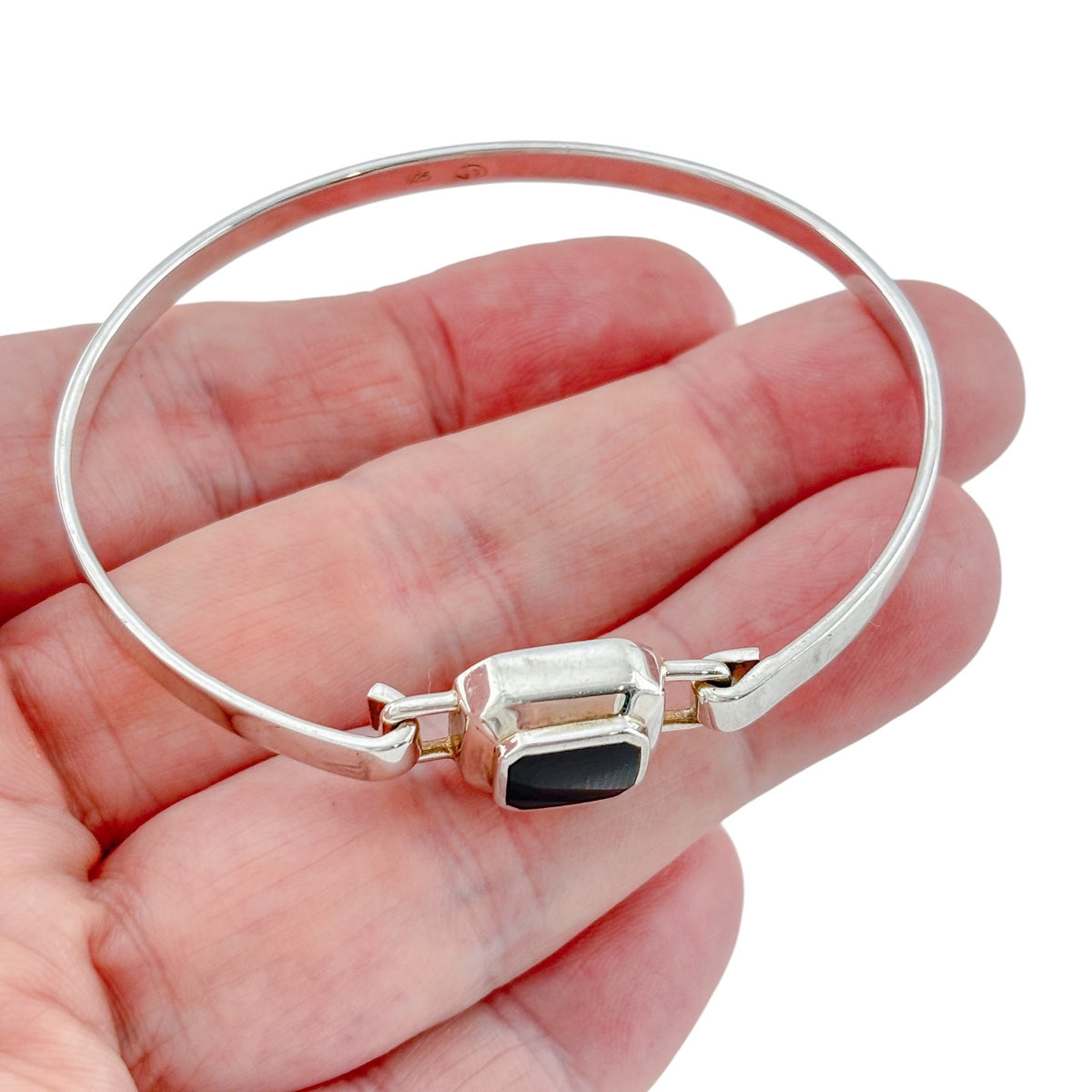 Vintage Sterling Silver 925 Onyx Bangle Bracelet 7.25"