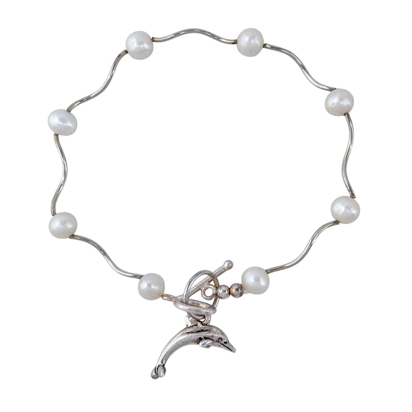 Vintage Sterling Silver 925 Pearl Dolphin Charm Bracelet 7.5"
