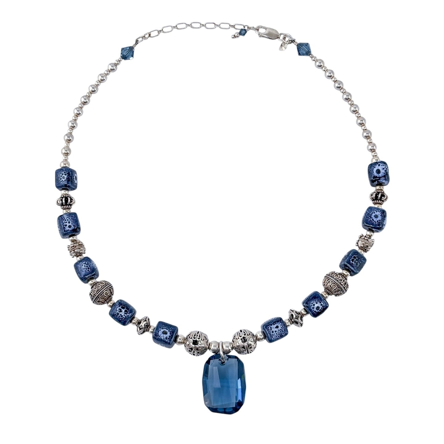 Estate Sterling Silver 925 Porcelain Blue Swarovski Necklace 17.5"-19.5"