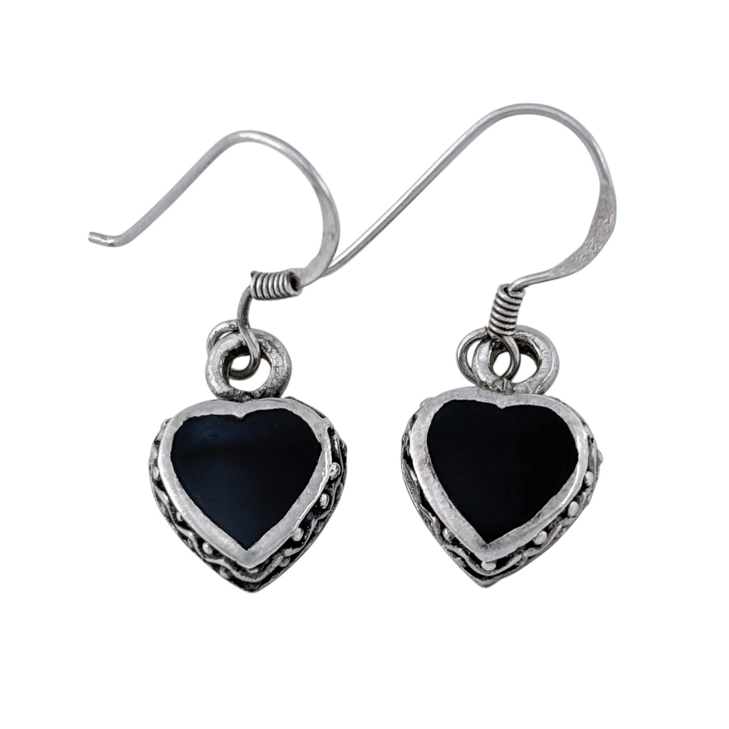 Vintage Sterling Silver 925 Black Onyx Heart Dangle Earrings
