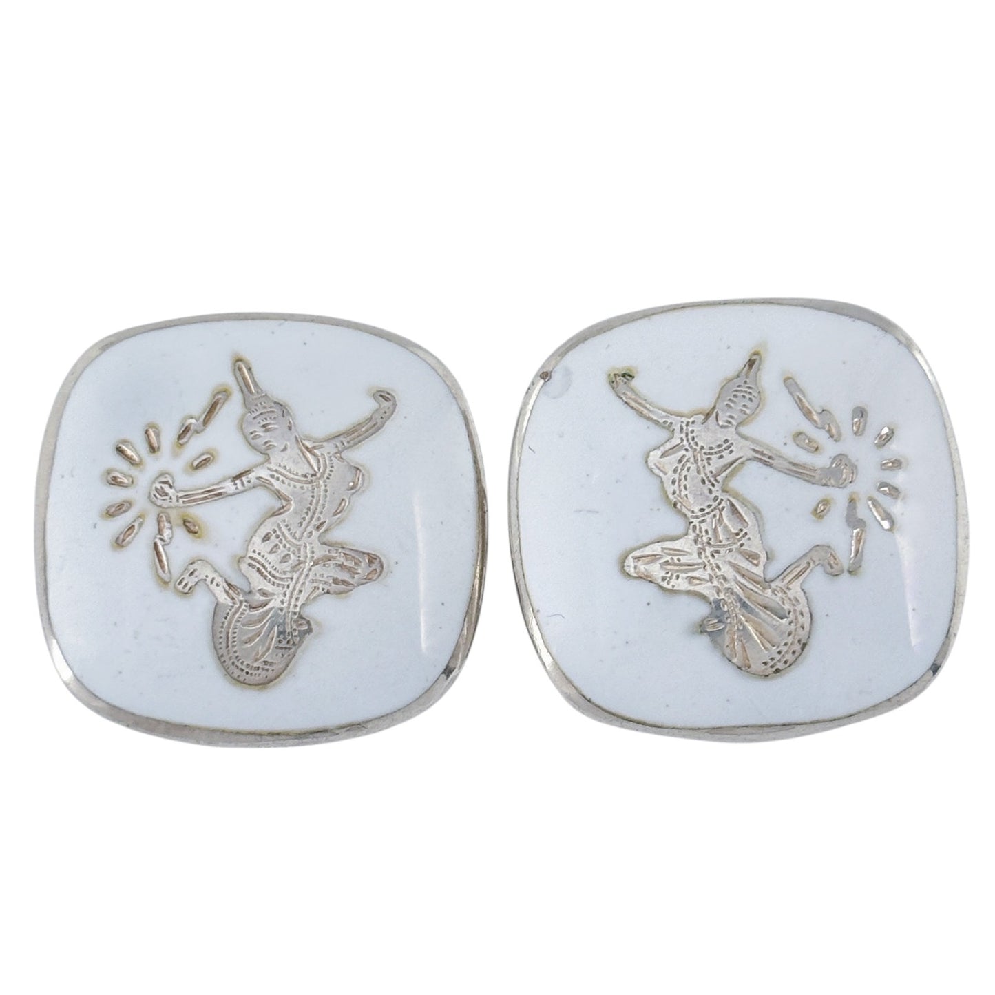 Vintage Sterling Silver 925 White Enamel Dancer Clip-On Earrings
