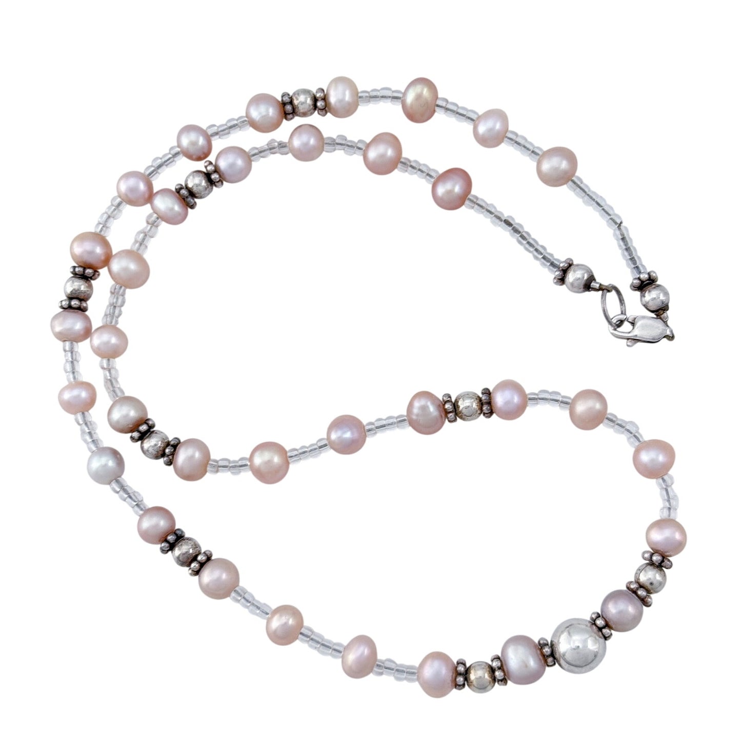 Vintage Sterling Silver 925 Pink Pearl Beaded Necklace 16.5"