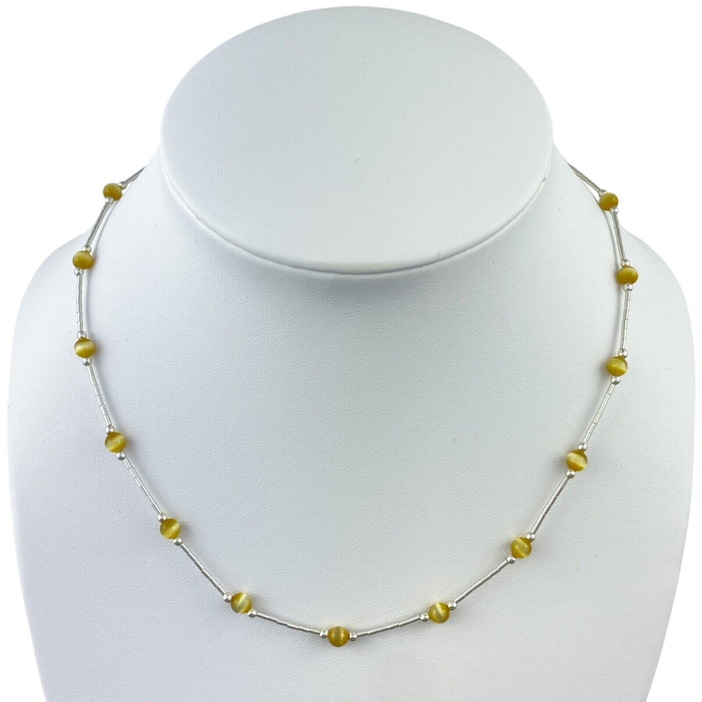 Vintage Sterling Silver 925 Gold Cat’s Eye Necklace 16"