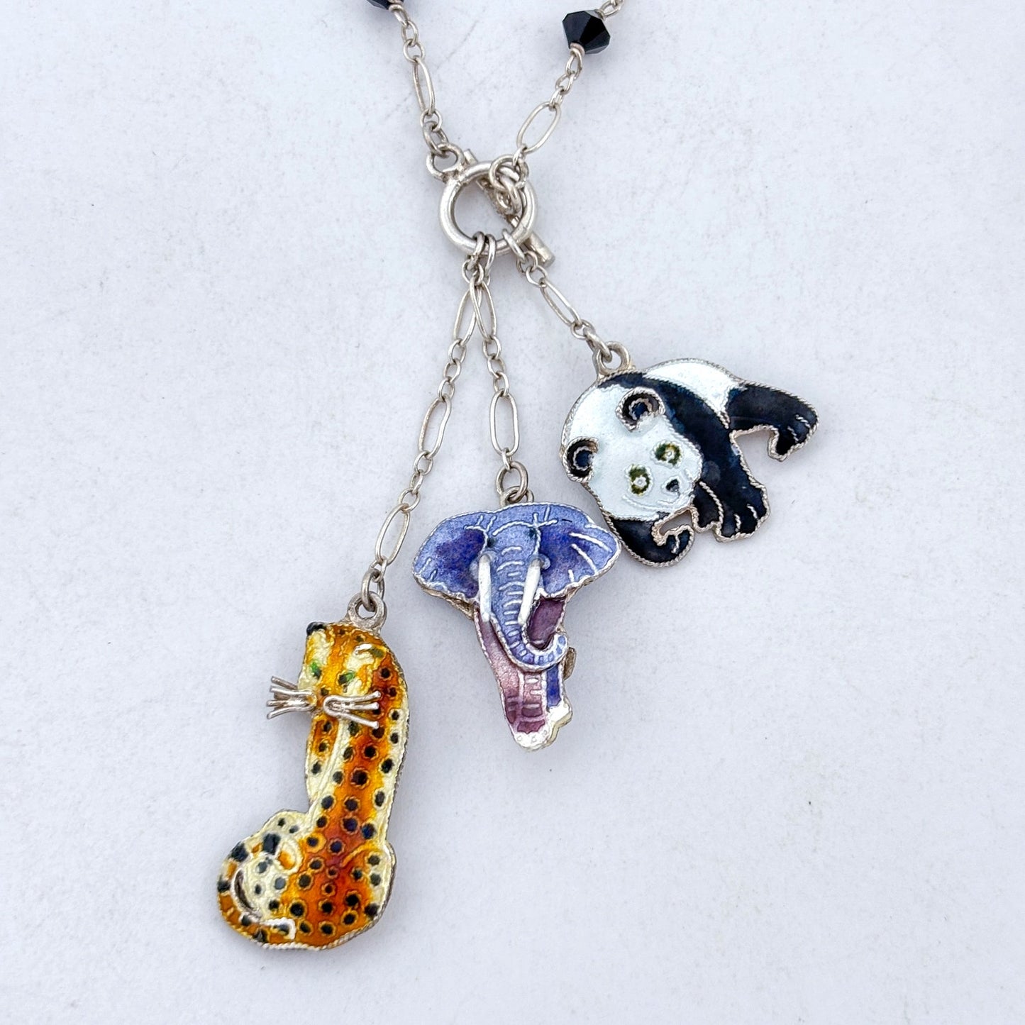 Vintage Sterling Silver 925 Zoo Panda Elephant Leopard Necklace 16"
