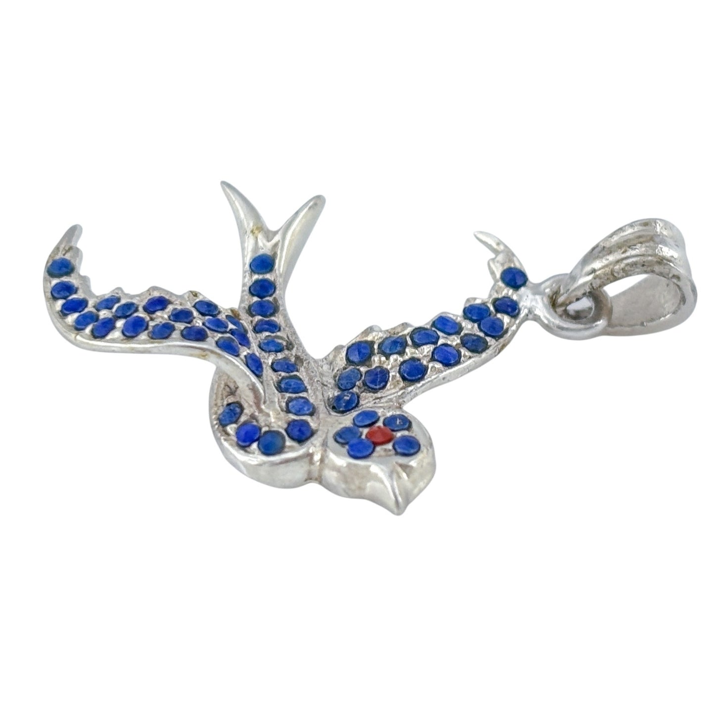 Vintage Sterling Silver 925 Blue Crystal Swallow Bird Pendant
