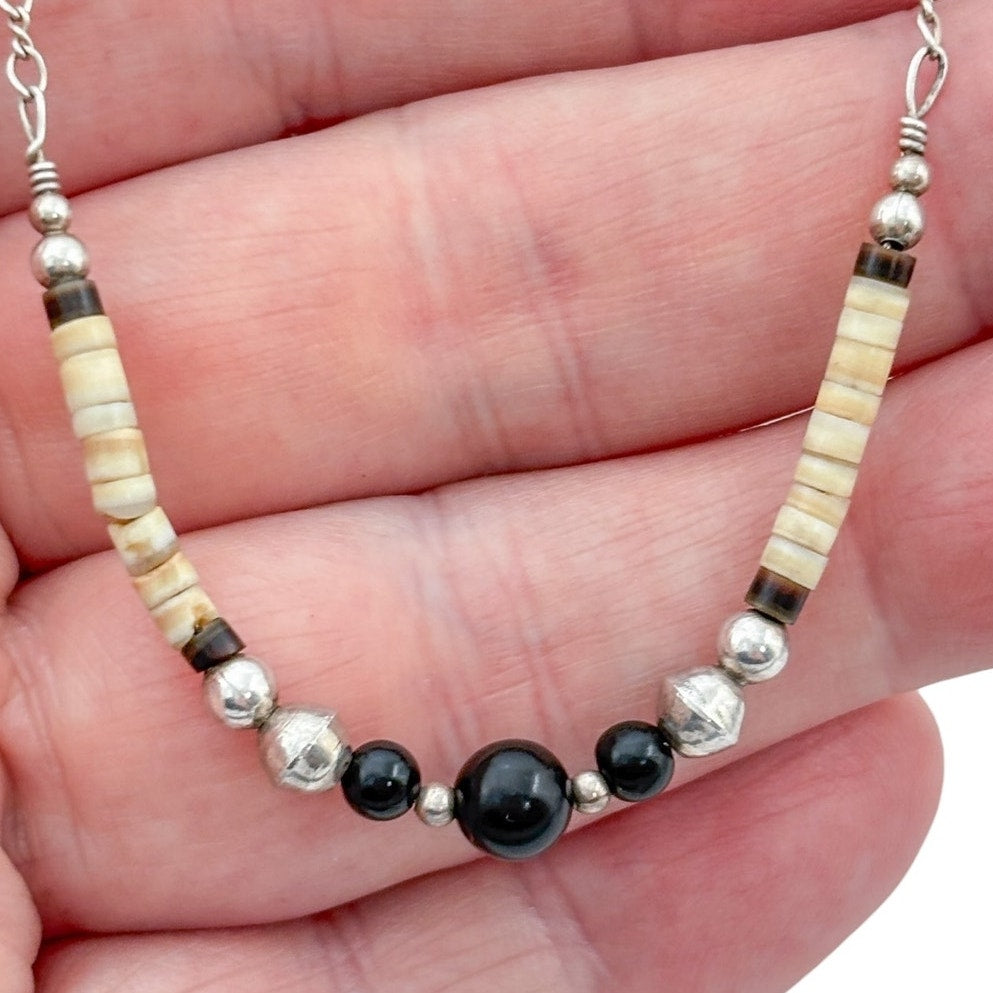 Vintage Sterling Silver 925 Onyx Shell Beaded Heishi Necklace 15.5"