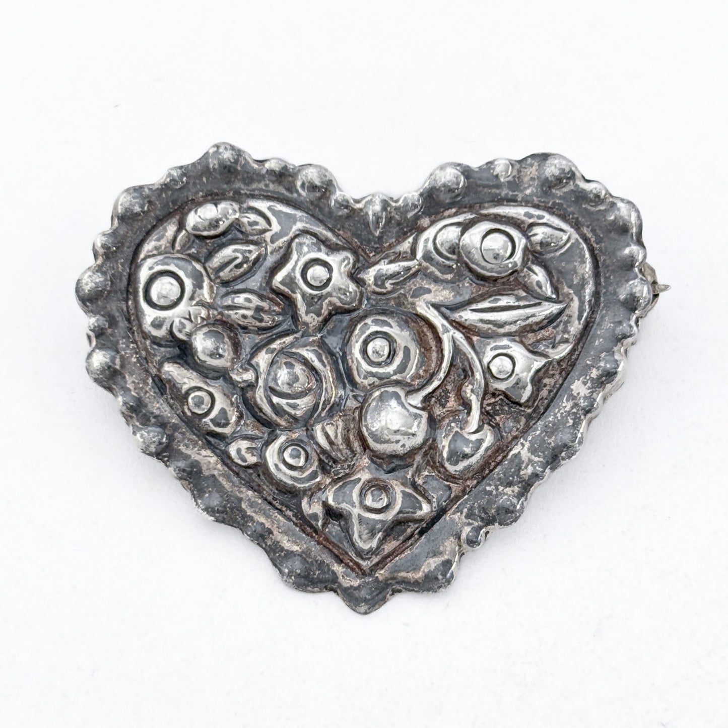Vintage Sterling Silver 925 Heart Flower Brooch