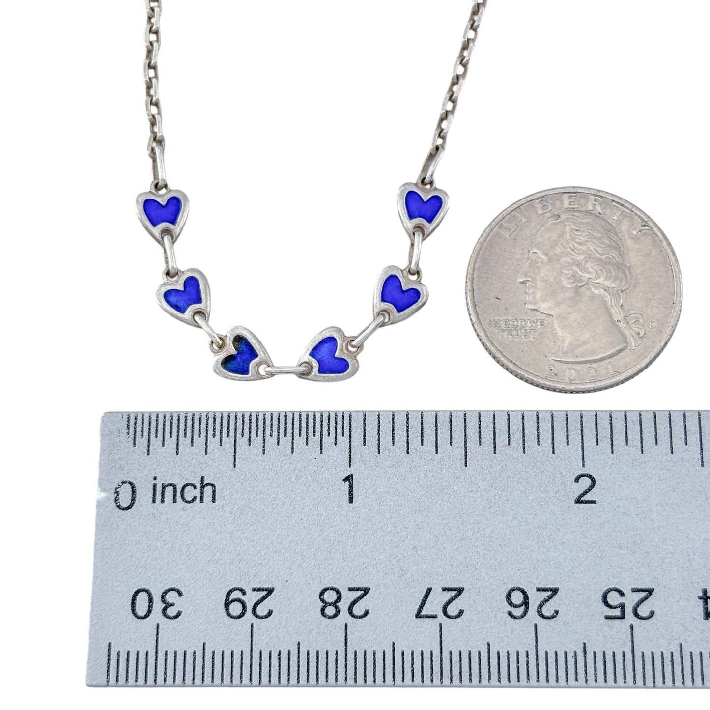 Vintage Sterling Silver Blue Enamel Heart Necklace 16"
