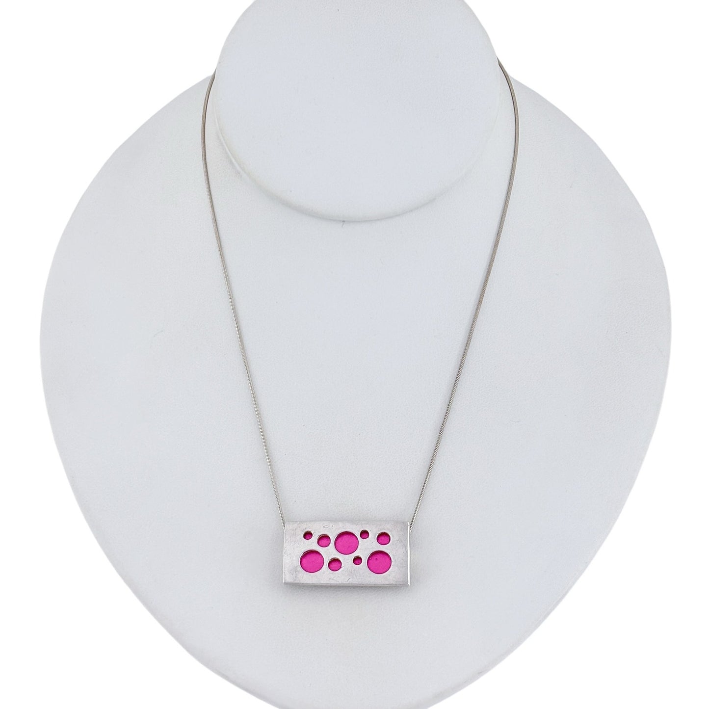 Vintage Sterling Silver Rectangular Pink Enamel Pendant Necklace 16.5"
