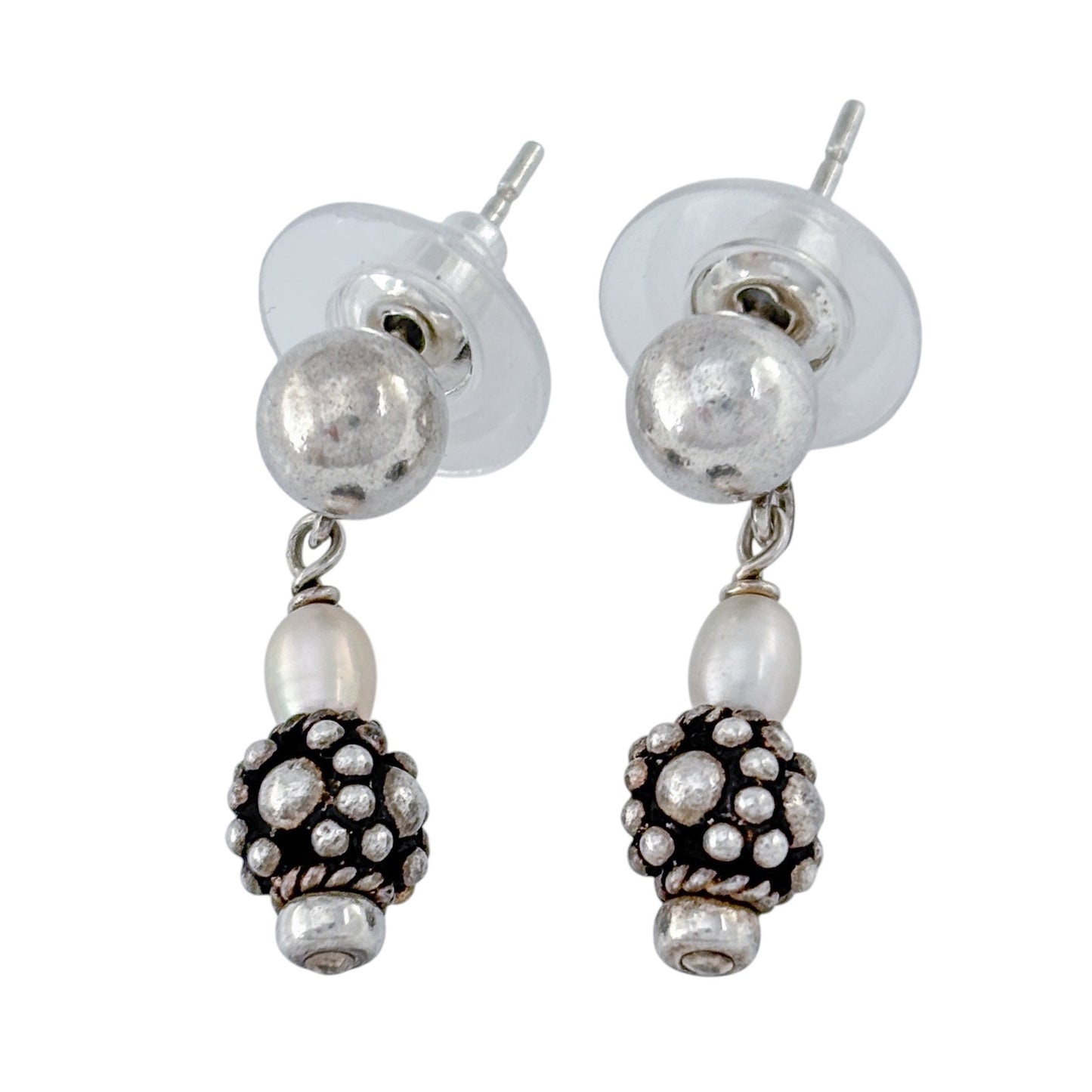 Vintage Sterling Silver 925 Pearl Bead Dangle Stud Earrings