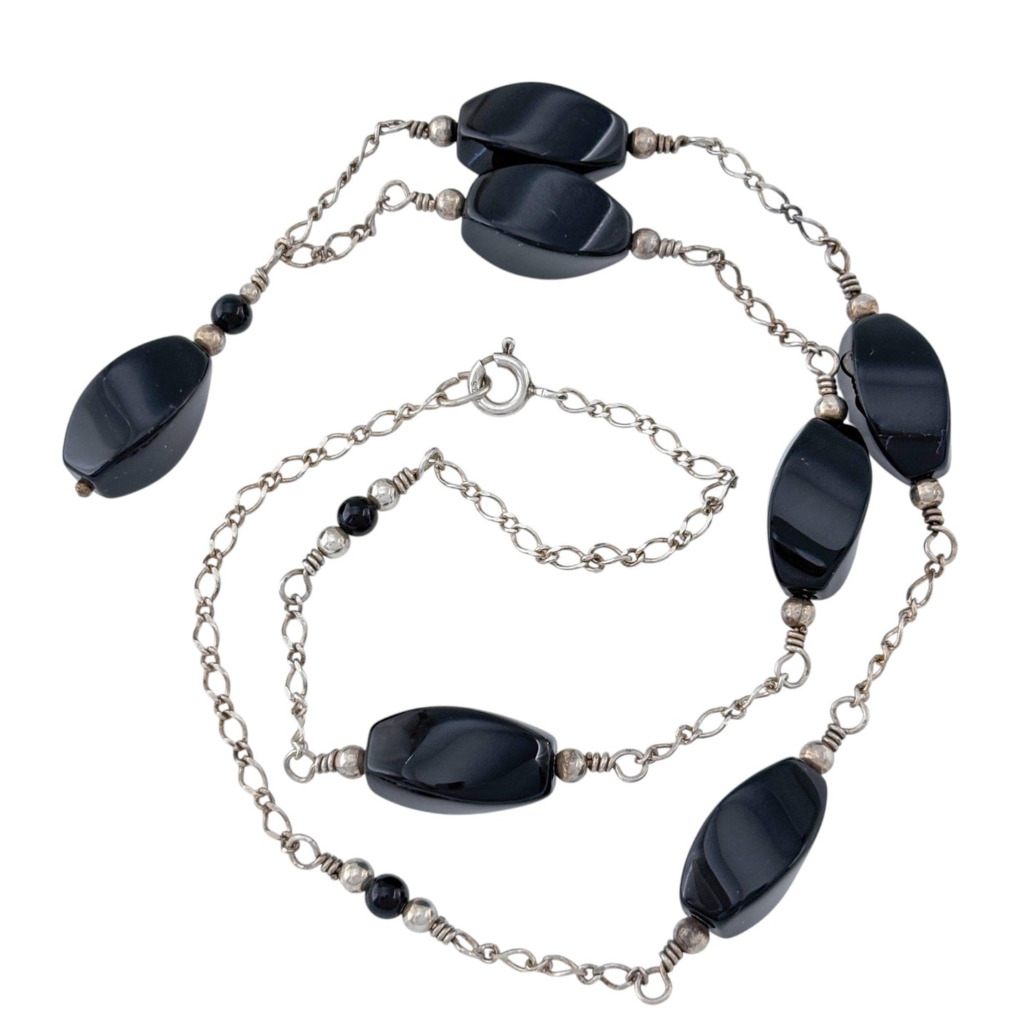 Vintage Sterling Silver Black Onyx Bead Necklace 18"