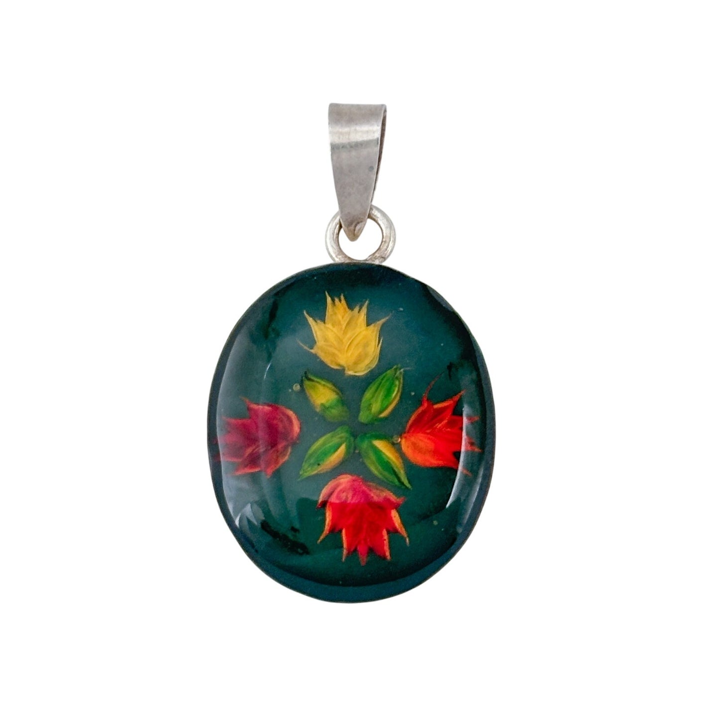 Vintage Sterling Silver 925 Hand Painted Flower Pendant