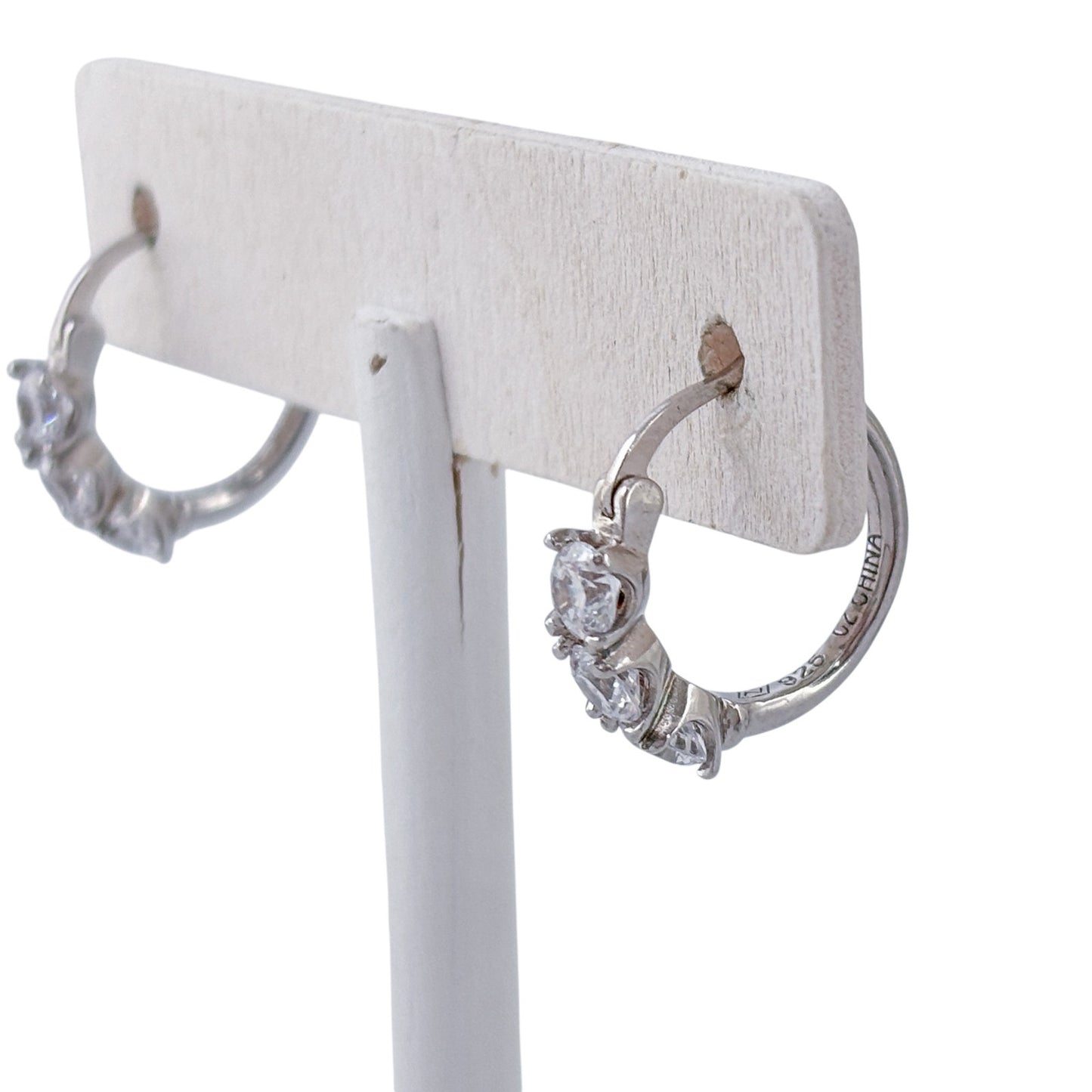 Vintage Sterling Silver 925 Cubic Zirconia Huggie Hoop Earrings