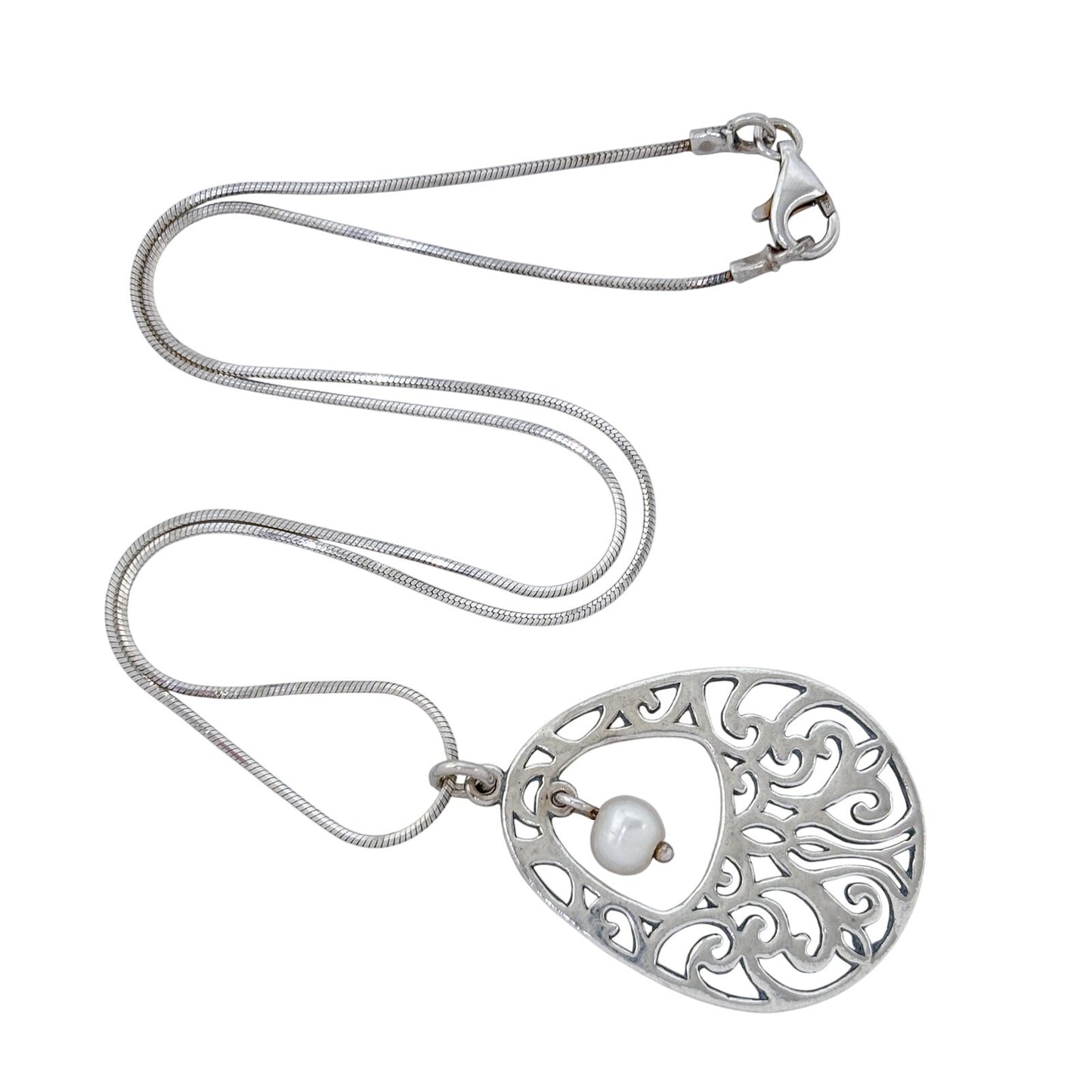 Vintage Sterling Silver 925 Ornate Filigree Pearl Pendant 17"