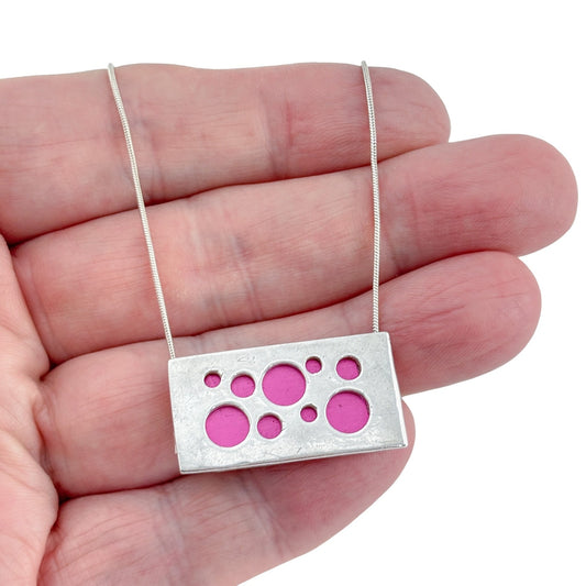 Vintage Sterling Silver Rectangular Pink Enamel Pendant Necklace 16.5"