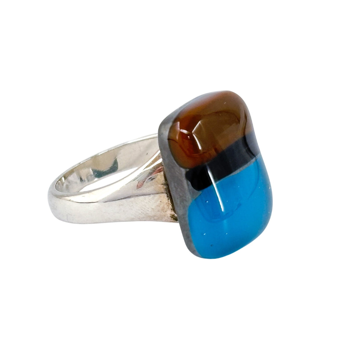 Vintage Sterling Silver 925 Blue Brown Fused Glass Ring Size 7