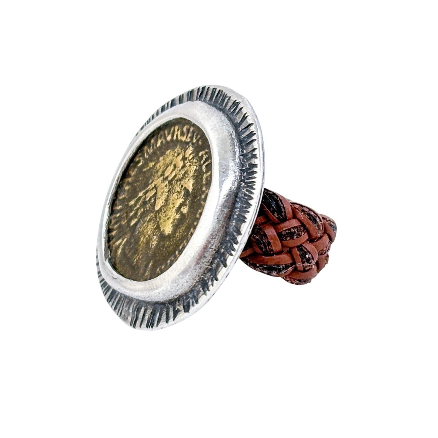 Vintage Sterling Silver Alexander Severus Coin Ring with Braided Leather Band