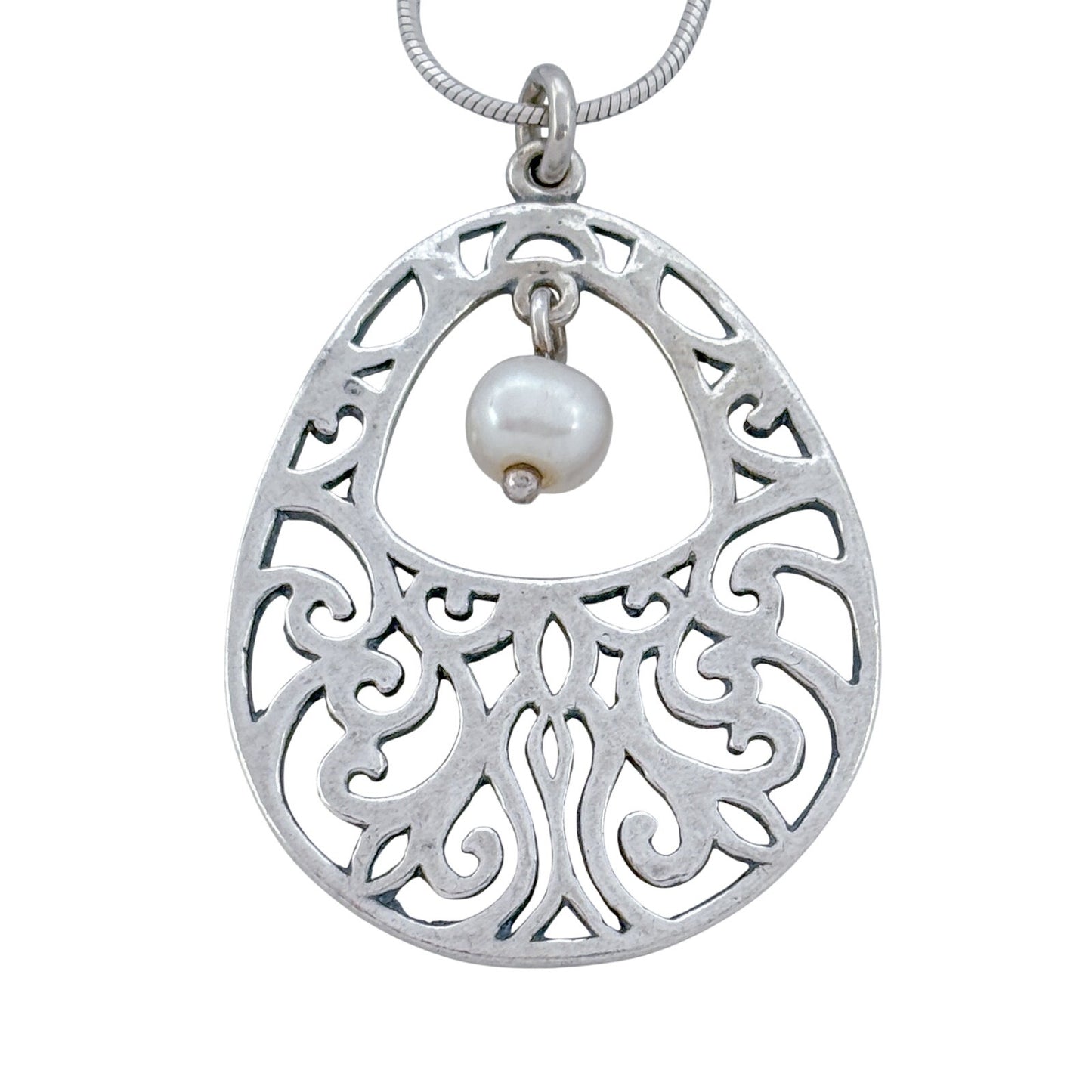 Vintage Sterling Silver 925 Ornate Filigree Pearl Pendant 17"