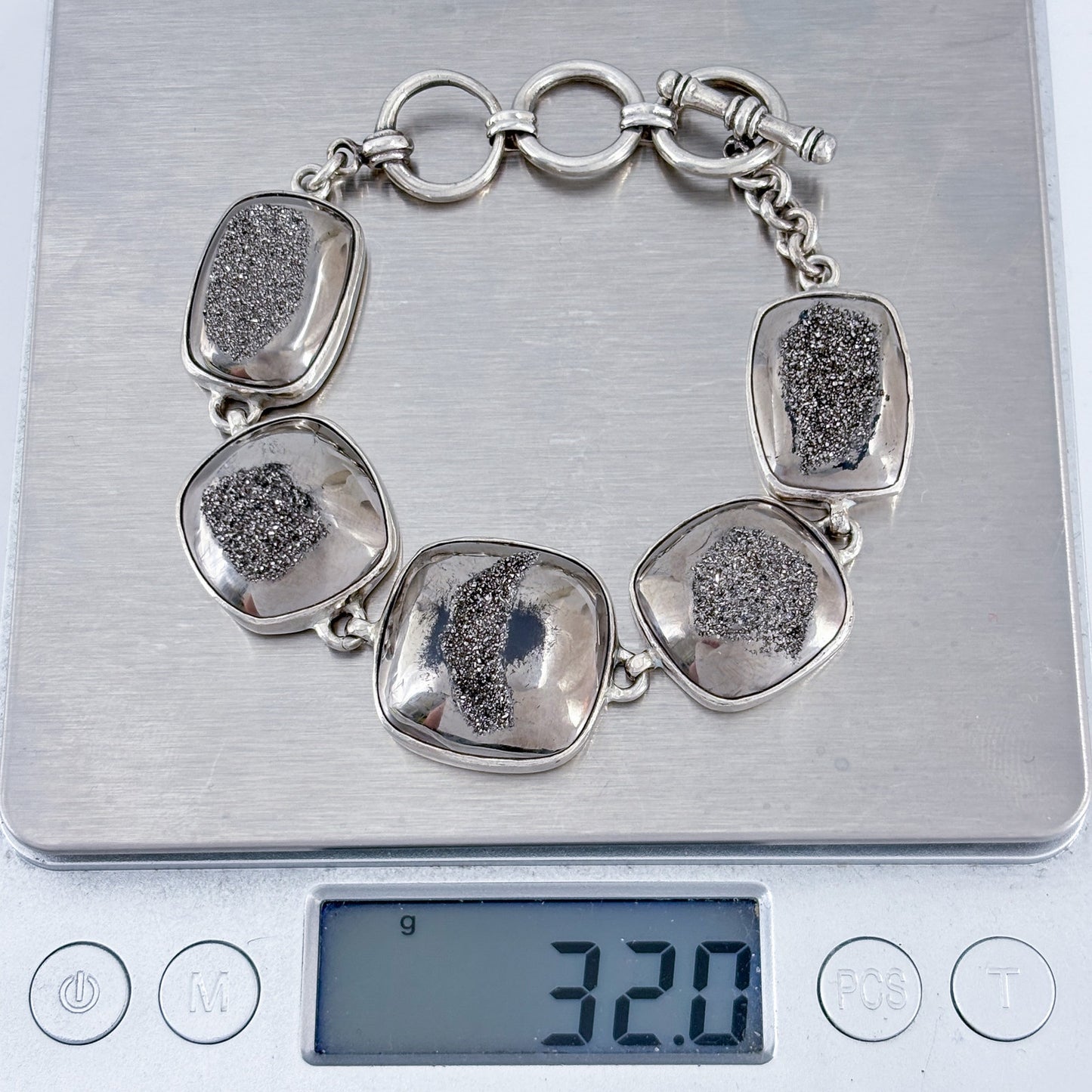 Vintage Sterling Silver 925 Druzy Hematite Link Bracelet 6"-7.5"