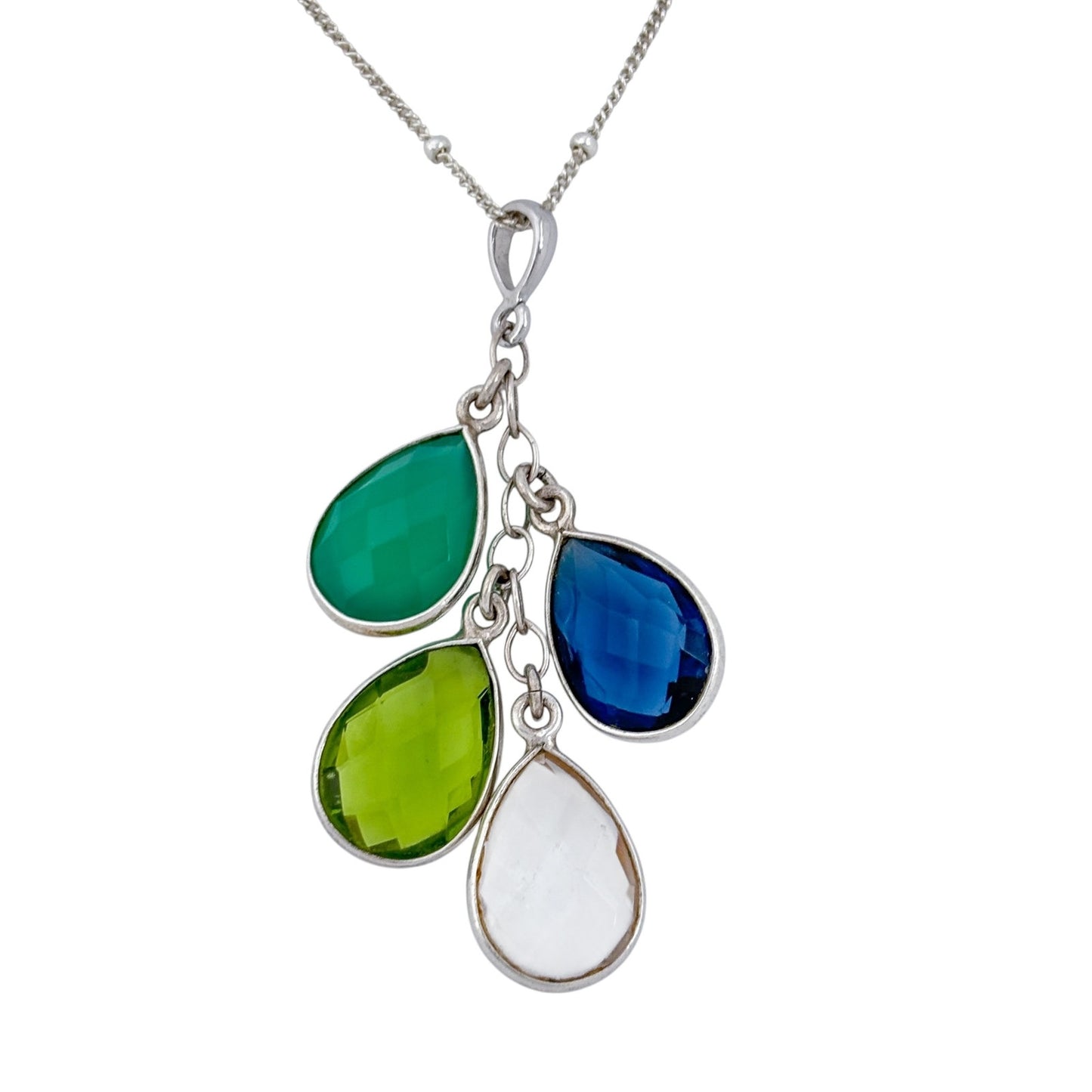 Vintage Sterling Silver 925 Blue Green Glass Teardrop Pendant Necklace 16"