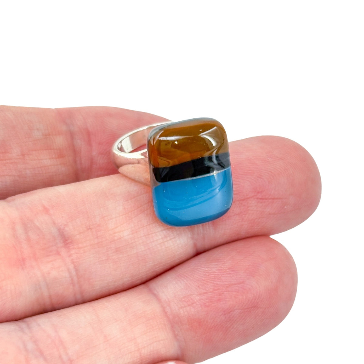 Vintage Sterling Silver 925 Blue Brown Fused Glass Ring Size 7