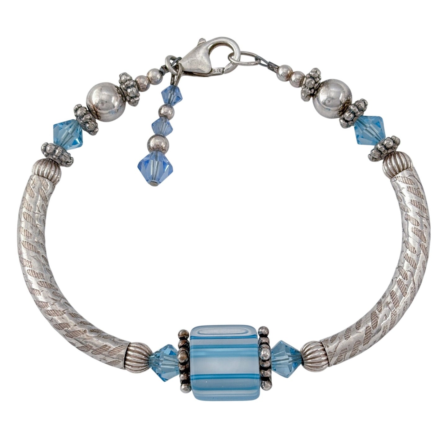 Vintage Sterling Silver 925 Blue Striped Glass Bead Bracelet 7"